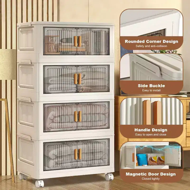 Bacs de rangement en plastique empilables à 4 niveaux, 4 bacs de rangement pliables de 79,5 L avec roues, organisateurs de placard et rangement à double porte