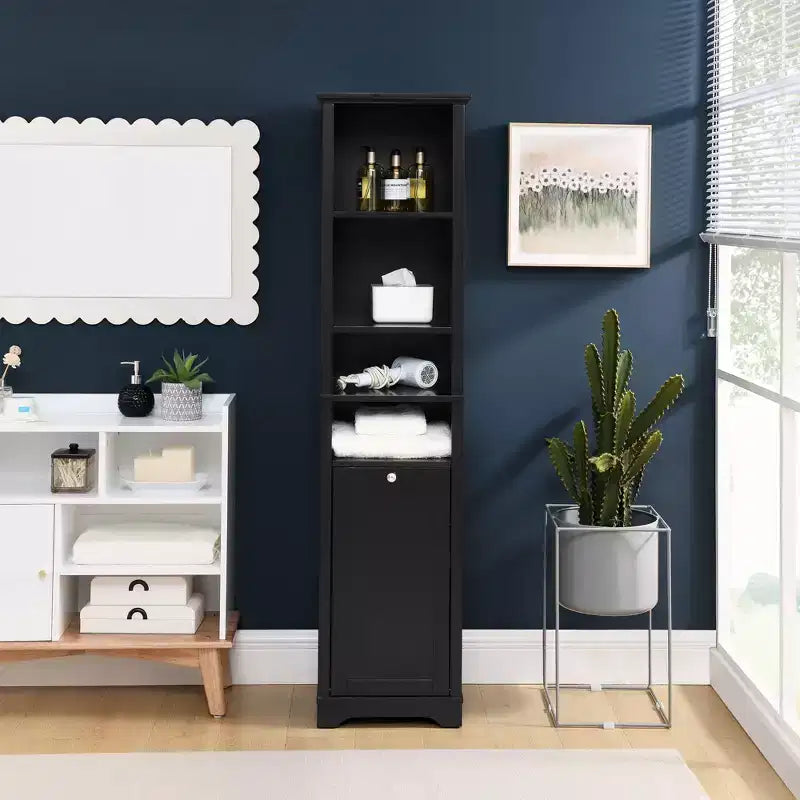 GDFStudio Helen Modern 63.8 Tall Bathroom Storage Cabinet with Adjustable Shelves, Laundry Hamper and Hidden Clothes Storage