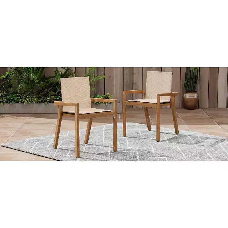 MAYEERTY Lot de 2 chaises de salle à manger en teck avec coussins textiles beiges pour salle à manger et patio