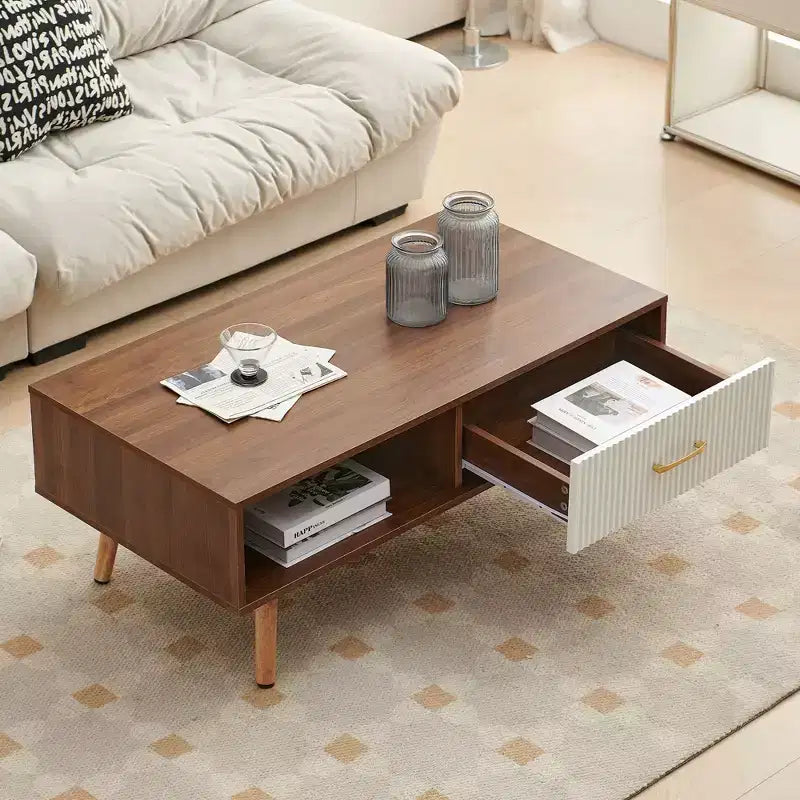 Table basse rectangulaire MAYEERTY avec pieds en bois massif et tiroir coulissant de rangement – Table moderne pour salon