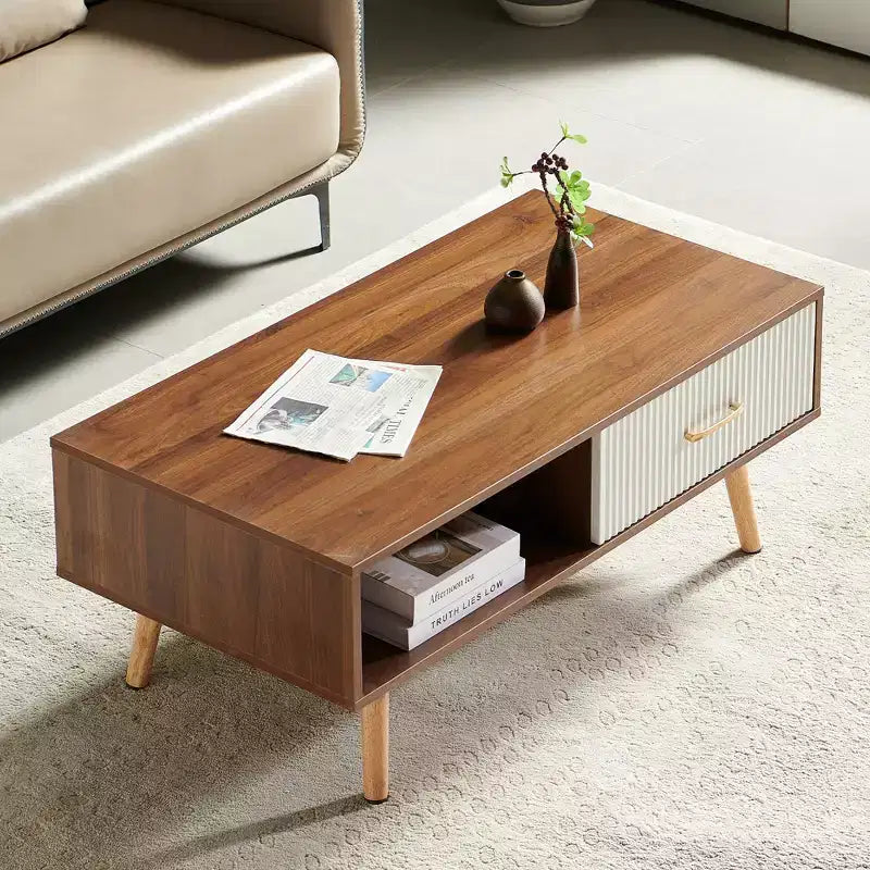 Table basse rectangulaire MAYEERTY avec pieds en bois massif et tiroir coulissant de rangement – Table moderne pour salon