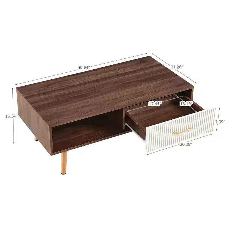 Table basse rectangulaire MAYEERTY avec pieds en bois massif et tiroir coulissant de rangement – Table moderne pour salon