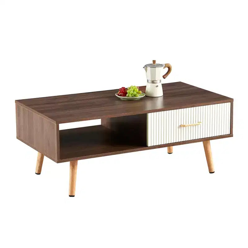 Table basse rectangulaire MAYEERTY avec pieds en bois massif et tiroir coulissant de rangement – Table moderne pour salon