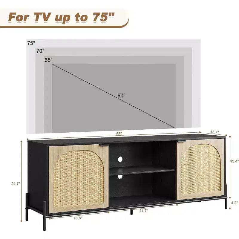 Meuble TV GustoWave 65, Meuble TV en rotin avec 2 portes et étagères ouvertes pour téléviseurs de 60 à 75 pouces