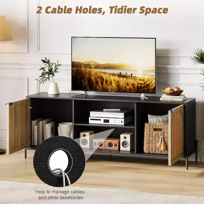 Meuble TV GustoWave 65, Meuble TV en rotin avec 2 portes et étagères ouvertes pour téléviseurs de 60 à 75 pouces