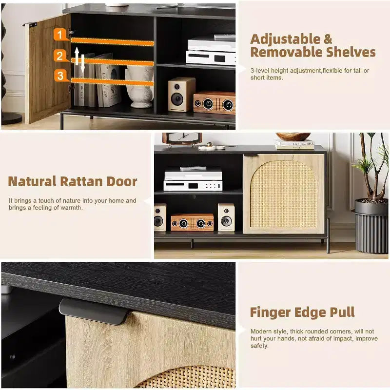 Meuble TV GustoWave 65, Meuble TV en rotin avec 2 portes et étagères ouvertes pour téléviseurs de 60 à 75 pouces