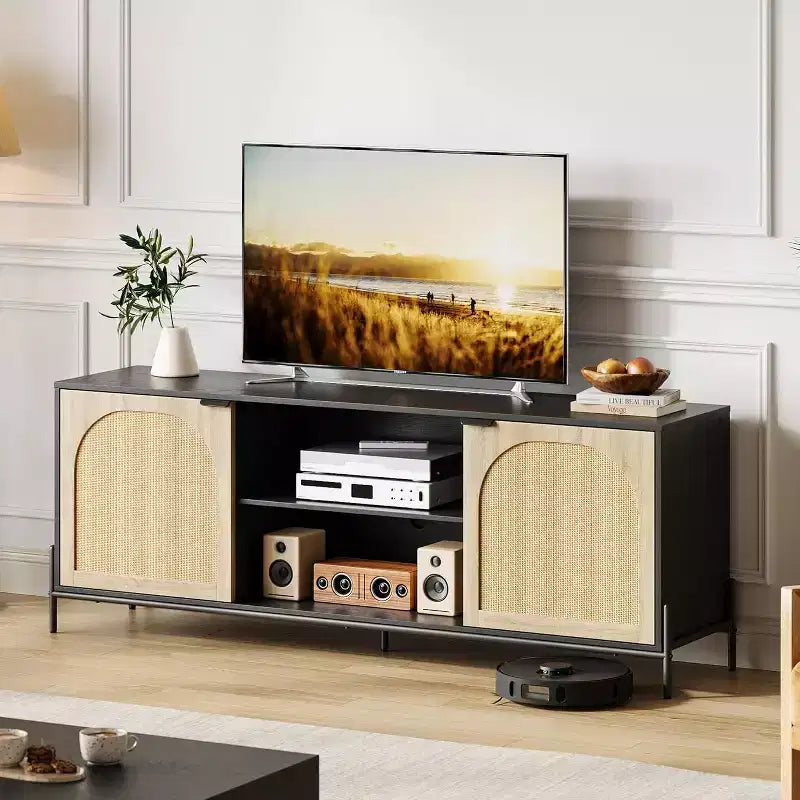 Meuble TV GustoWave 65, Meuble TV en rotin avec 2 portes et étagères ouvertes pour téléviseurs de 60 à 75 pouces