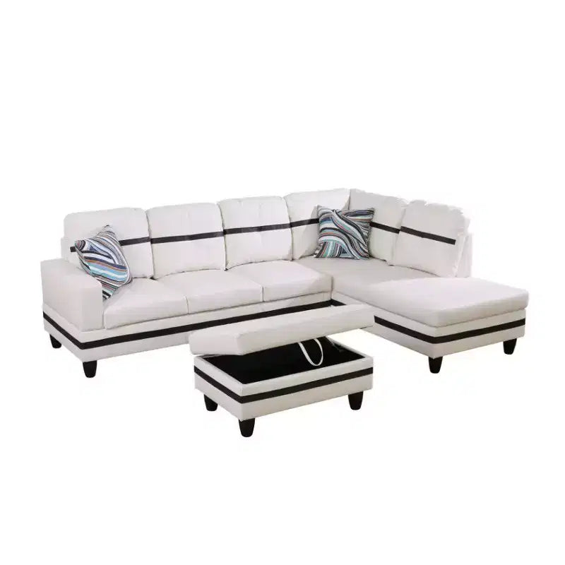 Canapé d'angle en similicuir blanc et noir – Design moderne en L, coussins capitonnés, pouf de rangement, décoration intérieure élégante