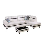 Canapé d'angle en similicuir blanc et noir – Design moderne en L, coussins capitonnés, pouf de rangement, décoration intérieure élégante