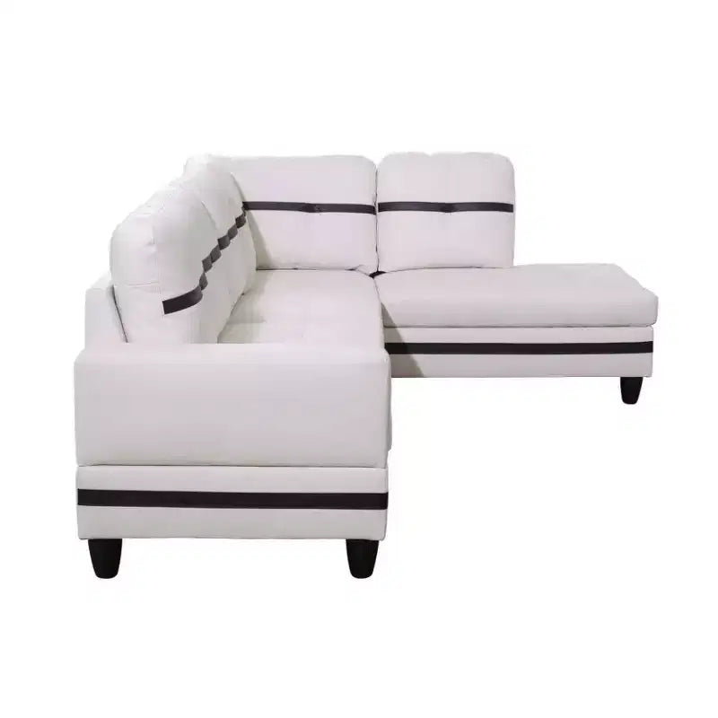 Canapé d'angle en similicuir blanc et noir – Design moderne en L, coussins capitonnés, pouf de rangement, décoration intérieure élégante