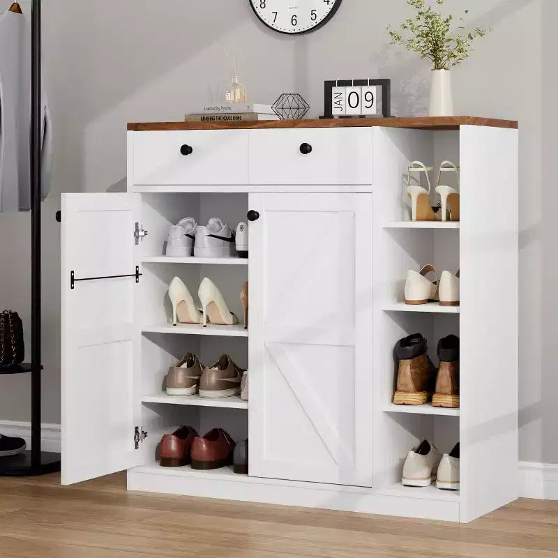 GustoWave Meuble à chaussures avec portes et tiroirs, meuble à chaussures haut de 107 cm avec 3 étagères réglables, meuble de rangement à chaussures à 4 niveaux