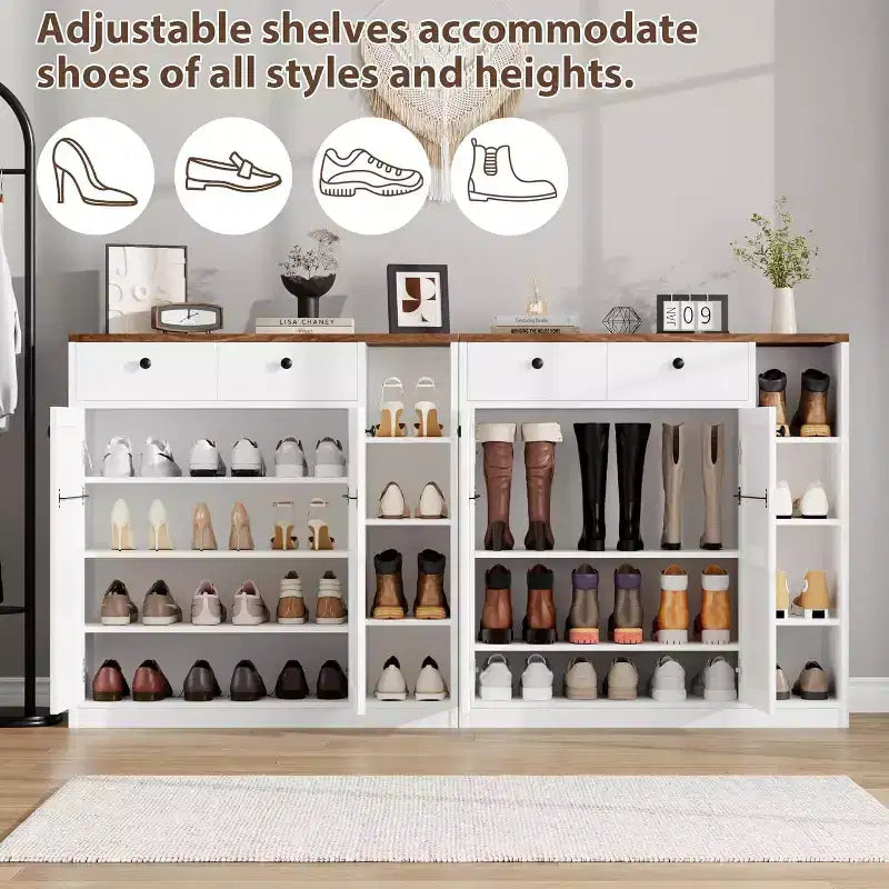 GustoWave Meuble à chaussures avec portes et tiroirs, meuble à chaussures haut de 107 cm avec 3 étagères réglables, meuble de rangement à chaussures à 4 niveaux