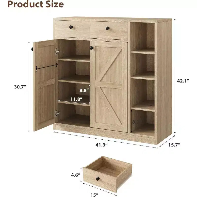 GustoWave Meuble à chaussures avec portes et tiroirs, meuble à chaussures haut de 107 cm avec 3 étagères réglables, meuble de rangement à chaussures à 4 niveaux