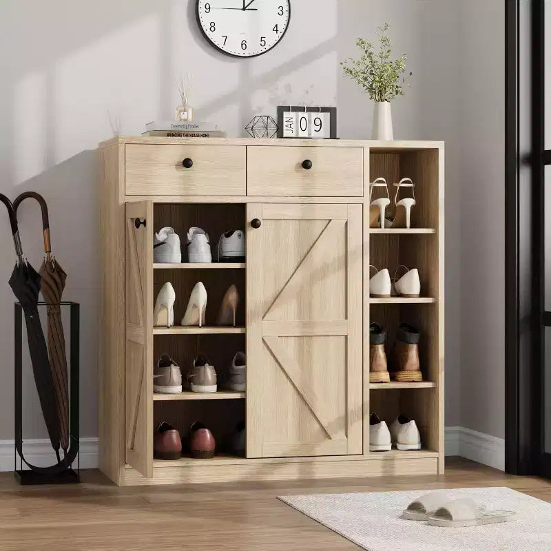 GustoWave Meuble à chaussures avec portes et tiroirs, meuble à chaussures haut de 107 cm avec 3 étagères réglables, meuble de rangement à chaussures à 4 niveaux