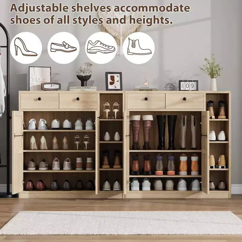 GustoWave Meuble à chaussures avec portes et tiroirs, meuble à chaussures haut de 107 cm avec 3 étagères réglables, meuble de rangement à chaussures à 4 niveaux