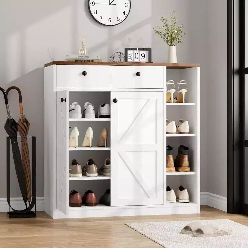 GustoWave Meuble à chaussures avec portes et tiroirs, meuble à chaussures haut de 107 cm avec 3 étagères réglables, meuble de rangement à chaussures à 4 niveaux