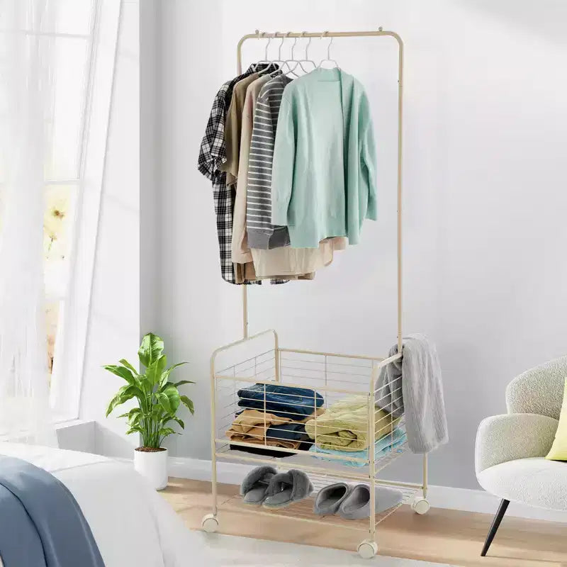 Chariot à linge métallique avec tringle à vêtements et étagères de rangement | Panier à linge roulant 3-en-1 avec roulettes
