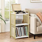 Meuble support de platine vinyle TROPOW avec rangement, meuble platine en bois avec côté en maille métallique dorée, table d'appoint de platine vinyle dorée à 3 niveaux