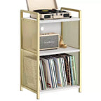 Meuble support de platine vinyle TROPOW avec rangement, meuble platine en bois avec côté en maille métallique dorée, table d'appoint de platine vinyle dorée à 3 niveaux
