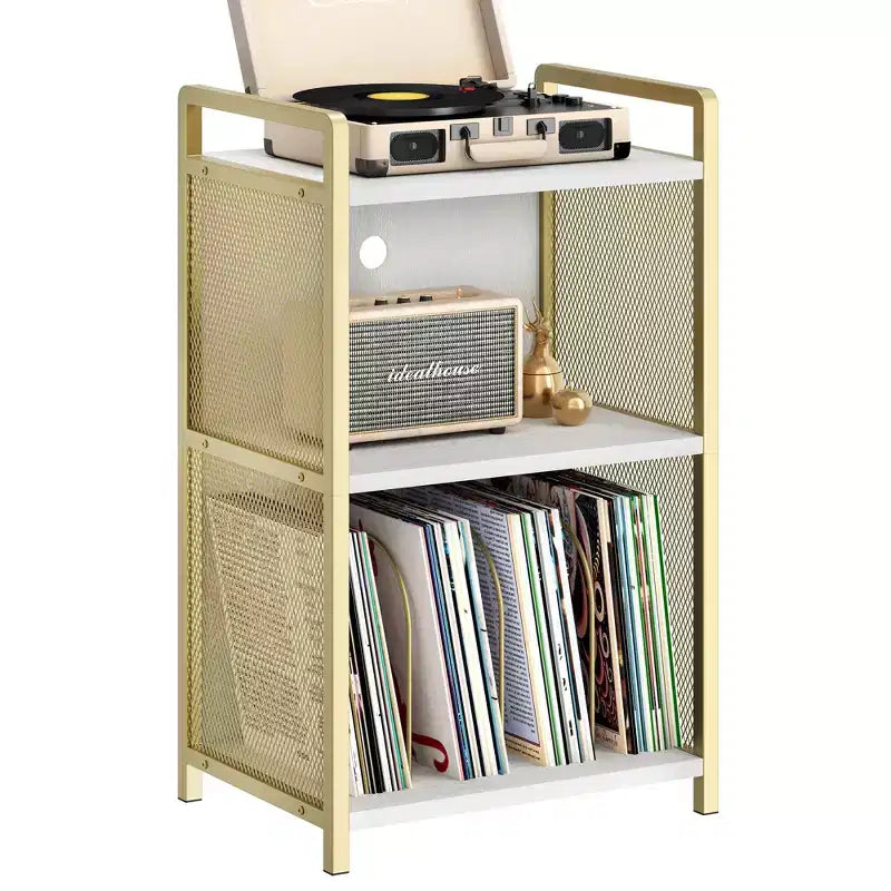 Meuble support de platine vinyle TROPOW avec rangement, meuble platine en bois avec côté en maille métallique dorée, table d'appoint de platine vinyle dorée à 3 niveaux
