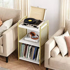 Meuble support de platine vinyle TROPOW avec rangement, meuble platine en bois avec côté en maille métallique dorée, table d'appoint de platine vinyle dorée à 3 niveaux
