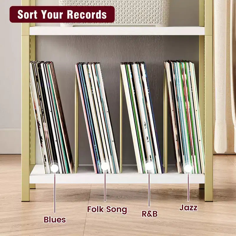 Meuble support de platine vinyle TROPOW avec rangement, meuble platine en bois avec côté en maille métallique dorée, table d'appoint de platine vinyle dorée à 3 niveaux