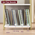 Meuble support de platine vinyle TROPOW avec rangement, meuble platine en bois avec côté en maille métallique dorée, table d'appoint de platine vinyle dorée à 3 niveaux