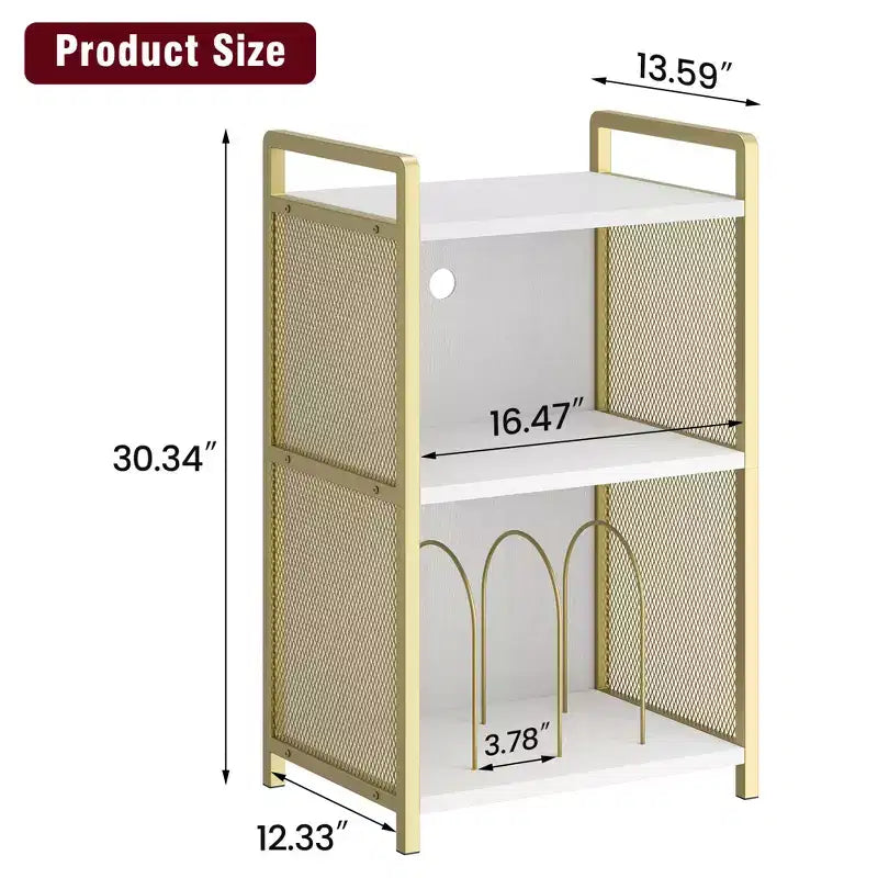 Meuble support de platine vinyle TROPOW avec rangement, meuble platine en bois avec côté en maille métallique dorée, table d'appoint de platine vinyle dorée à 3 niveaux