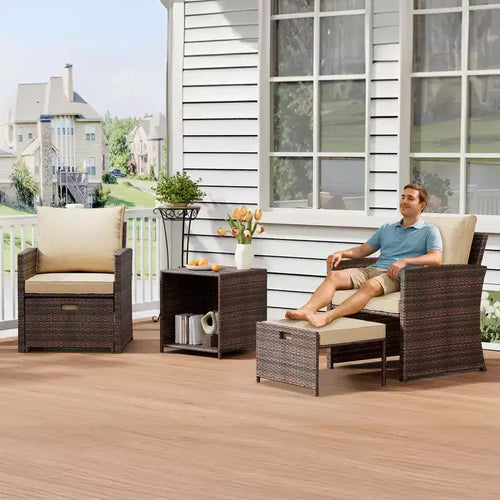 5-Piece High Back Patio Conversation Set with 2 Ottomans and Table, All-Weather PE Rattan Lounge Chairs with Soft Cushions