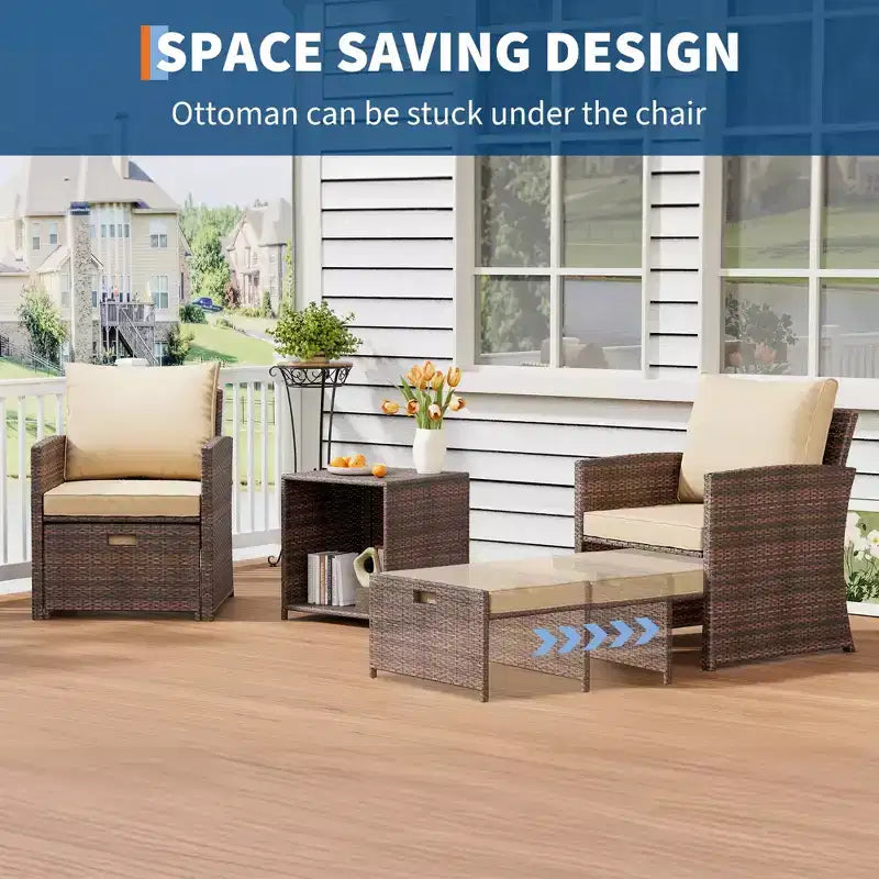 Ensemble de conversation d'extérieur 5 pièces avec dossiers hauts, 2 poufs et table, chaises longues en rotin PE tout temps avec coussins moelleux