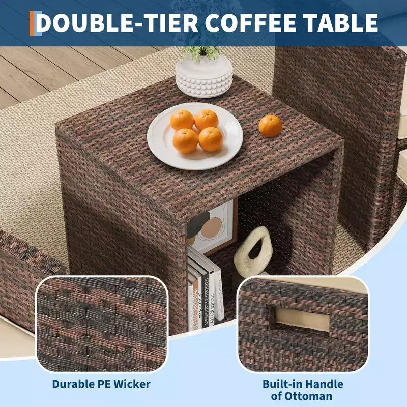 Ensemble de conversation d'extérieur 5 pièces avec dossiers hauts, 2 poufs et table, chaises longues en rotin PE tout temps avec coussins moelleux