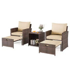 Ensemble de conversation d'extérieur 5 pièces avec dossiers hauts, 2 poufs et table, chaises longues en rotin PE tout temps avec coussins moelleux