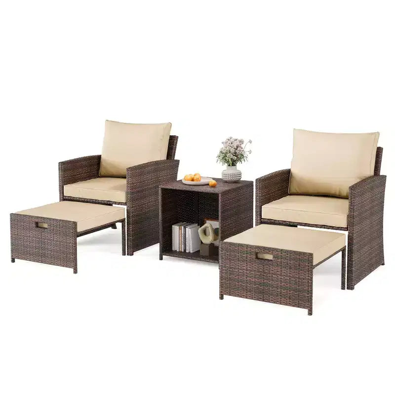 Ensemble de conversation d'extérieur 5 pièces avec dossiers hauts, 2 poufs et table, chaises longues en rotin PE tout temps avec coussins moelleux