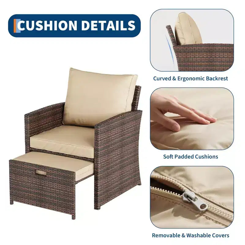 Ensemble de conversation d'extérieur 5 pièces avec dossiers hauts, 2 poufs et table, chaises longues en rotin PE tout temps avec coussins moelleux