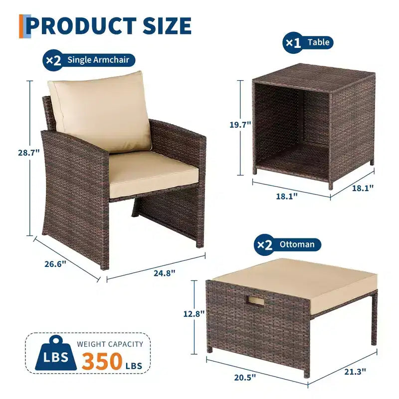 Ensemble de conversation d'extérieur 5 pièces avec dossiers hauts, 2 poufs et table, chaises longues en rotin PE tout temps avec coussins moelleux