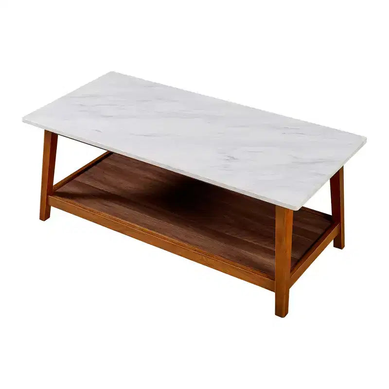 Teamson Home Kingston Table basse avec plateau en faux marbre et étagère de rangement, Noyer