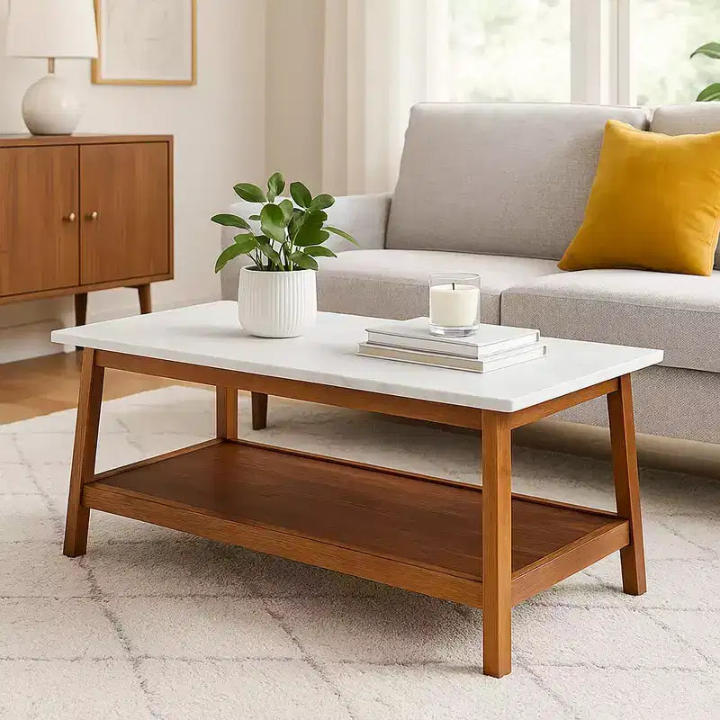 Teamson Home Kingston Table basse avec plateau en faux marbre et étagère de rangement, Noyer
