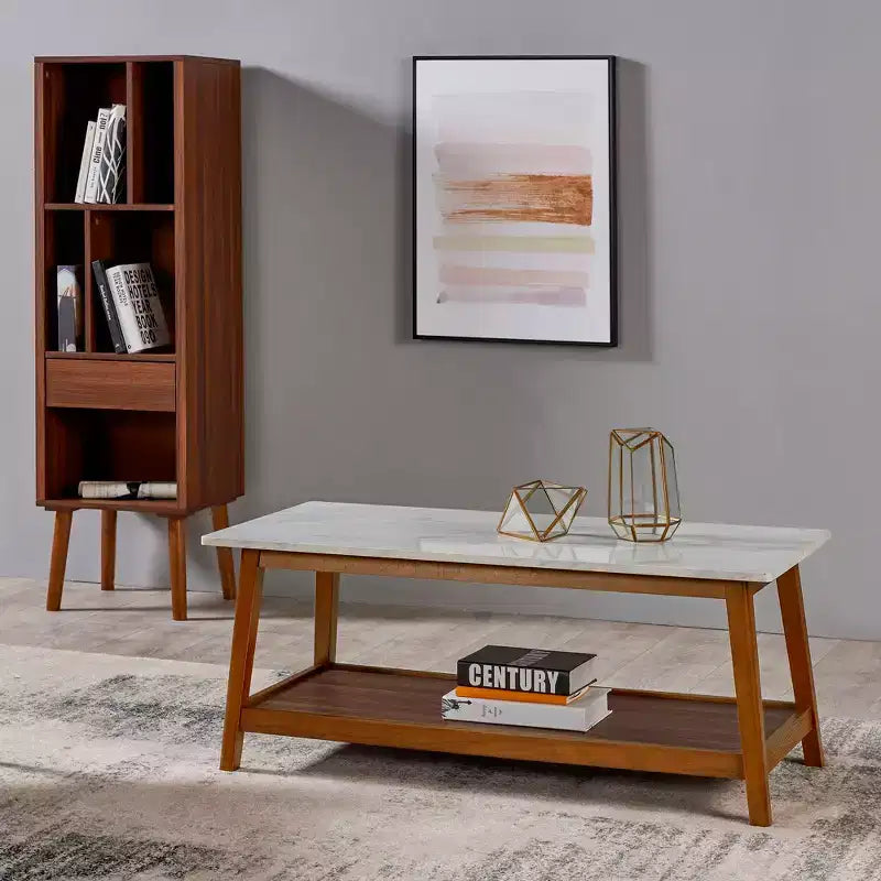 Teamson Home Kingston Table basse avec plateau en faux marbre et étagère de rangement, Noyer