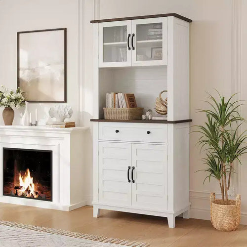72 Farmhouse Coffee Bar Cabinet w/2 Glass Doors & Drawers - Kitchen Storage for Dining Room