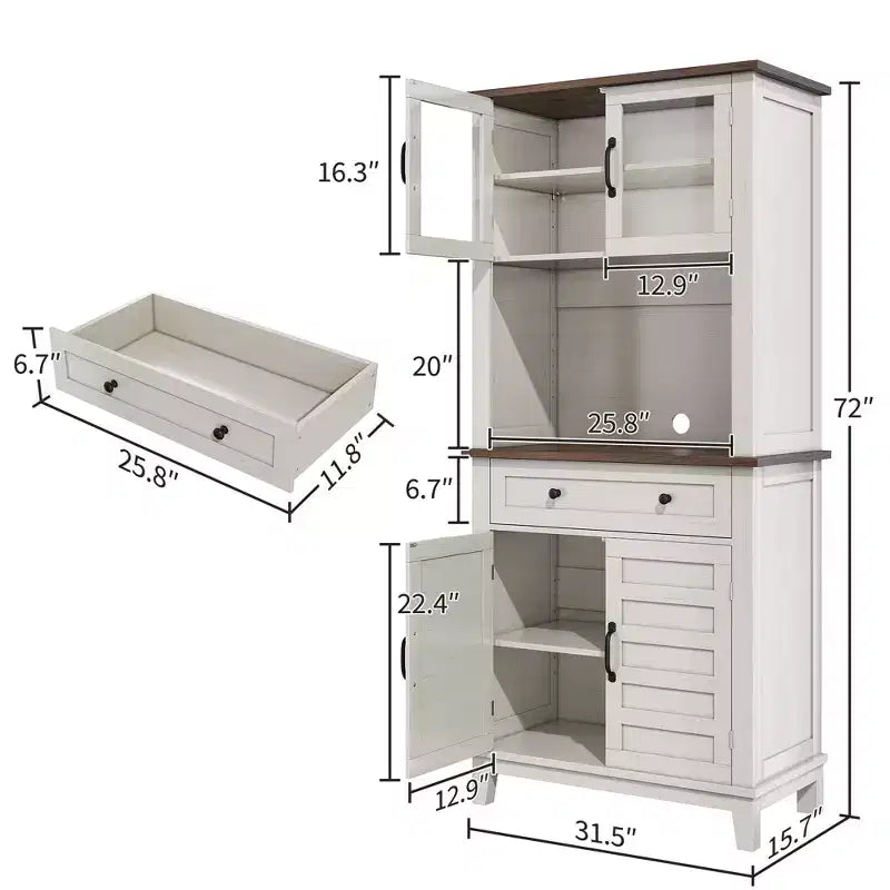 Meuble de Rangement Buffet de Cuisine 72" avec 2 Portes en Verre et Tiroirs - Meuble de Rangement pour Salle à Manger