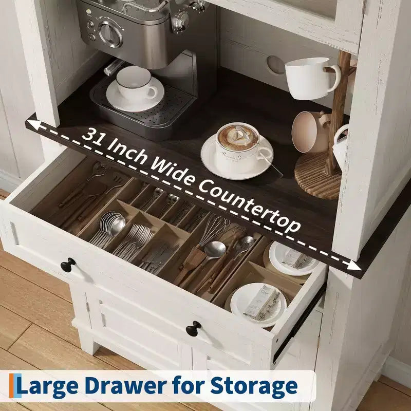 Meuble de Rangement Buffet de Cuisine 72" avec 2 Portes en Verre et Tiroirs - Meuble de Rangement pour Salle à Manger
