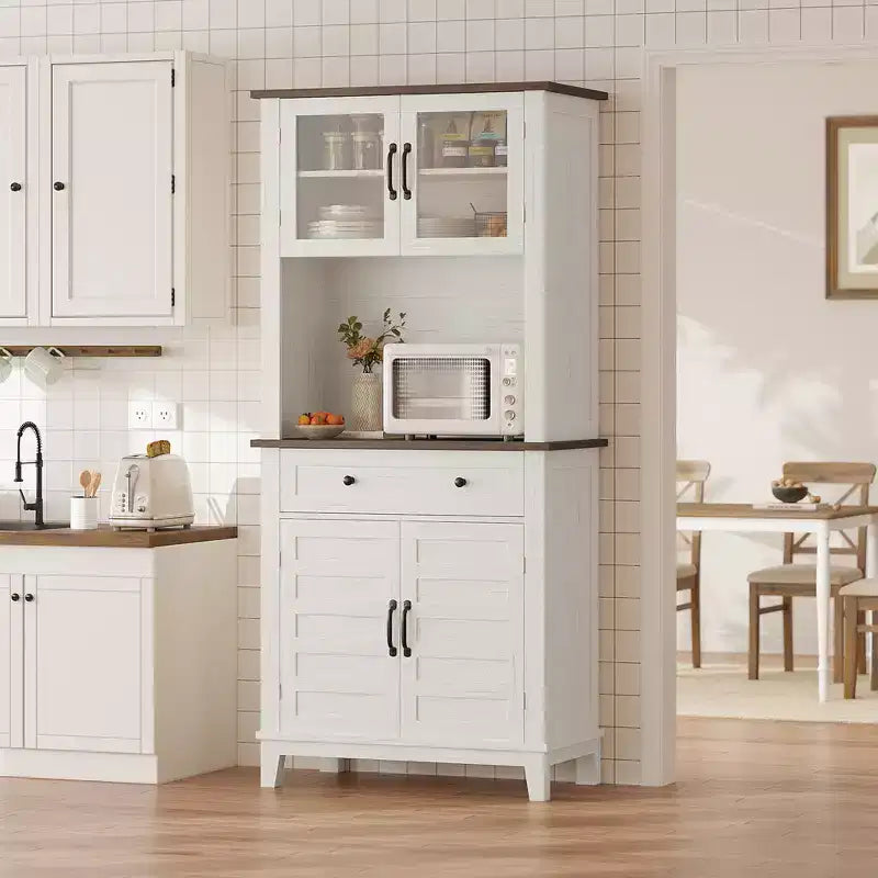 Meuble de Rangement Buffet de Cuisine 72" avec 2 Portes en Verre et Tiroirs - Meuble de Rangement pour Salle à Manger