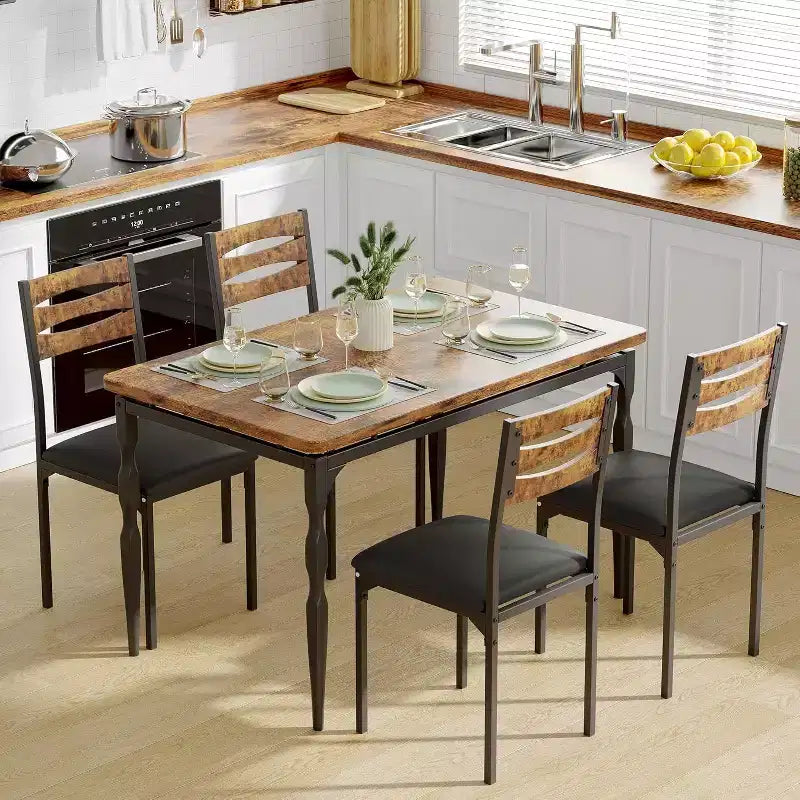 Ensemble de salle à manger industriel moderne, combo table et 4 chaises 5 pièces, table de cuisine peu encombrante avec pieds en métal pour maisons et appartements