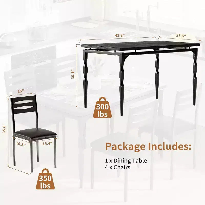 Ensemble de salle à manger industriel moderne, combo table et 4 chaises 5 pièces, table de cuisine peu encombrante avec pieds en métal pour maisons et appartements