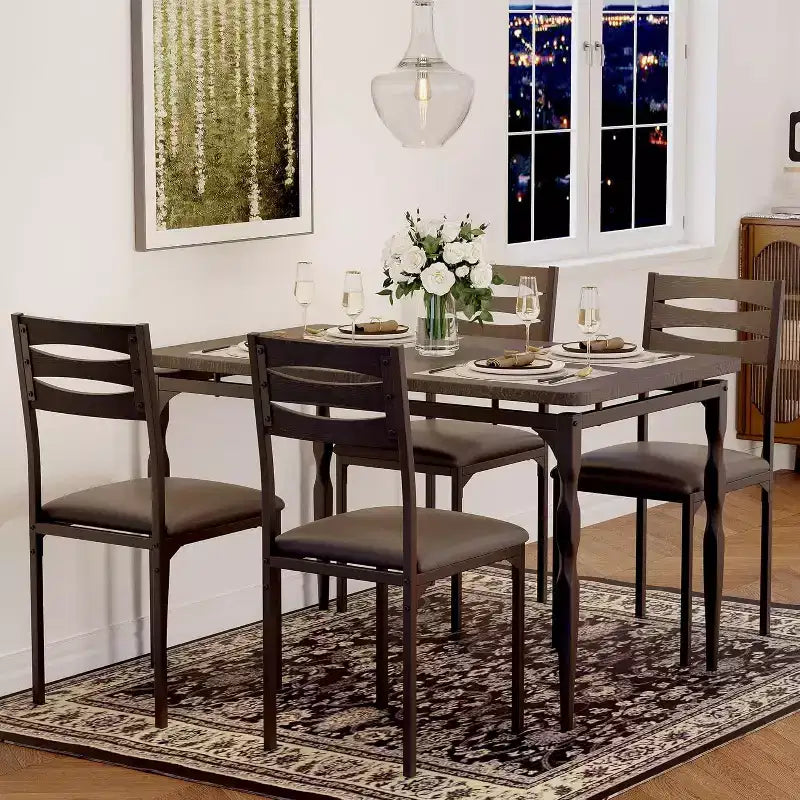 Ensemble de salle à manger industriel moderne, combo table et 4 chaises 5 pièces, table de cuisine peu encombrante avec pieds en métal pour maisons et appartements