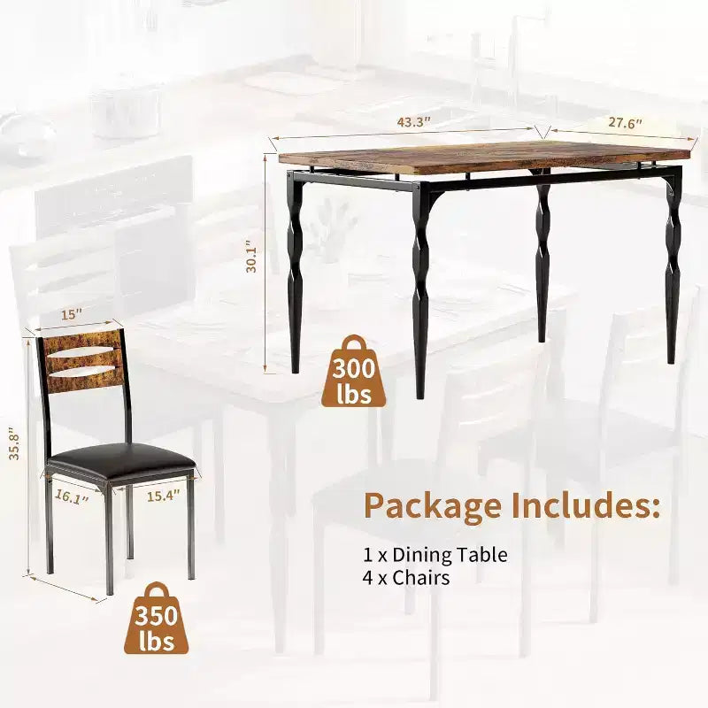 Ensemble de salle à manger industriel moderne, combo table et 4 chaises 5 pièces, table de cuisine peu encombrante avec pieds en métal pour maisons et appartements