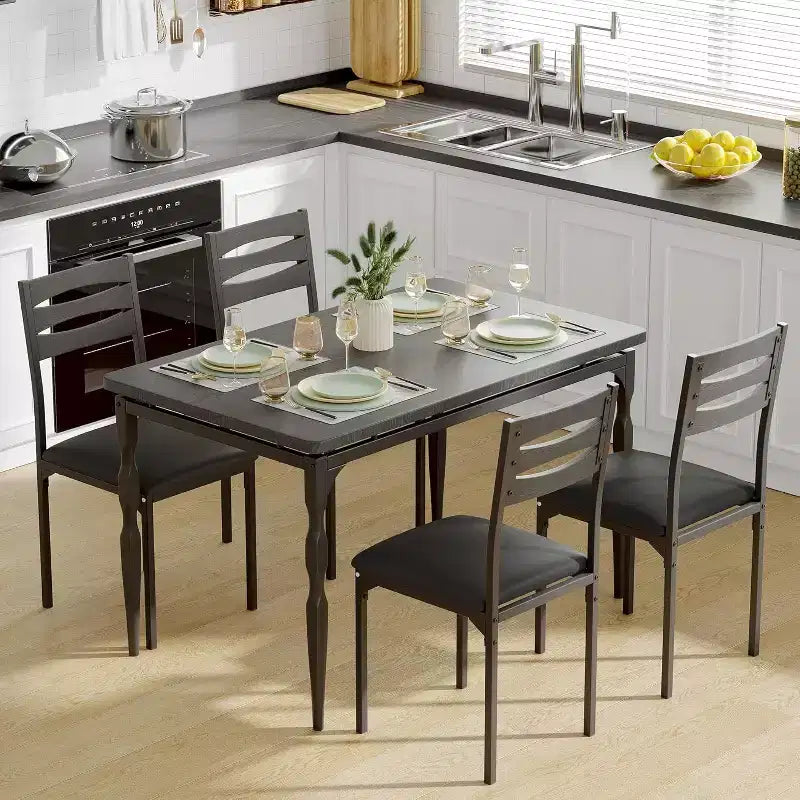 Modern Industrial Dining Set, 5 Piece Table & 4 Chair Combo, Space-Saving Kitchen Table with Metal Legs for Homes & Apartments