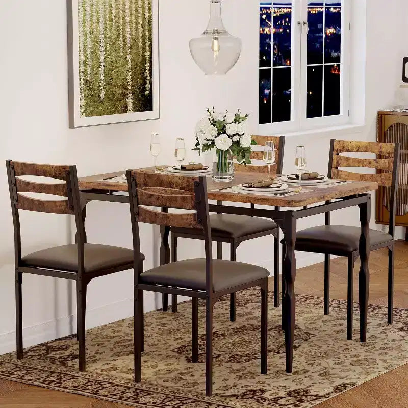 Ensemble de salle à manger industriel moderne, combo table et 4 chaises 5 pièces, table de cuisine peu encombrante avec pieds en métal pour maisons et appartements