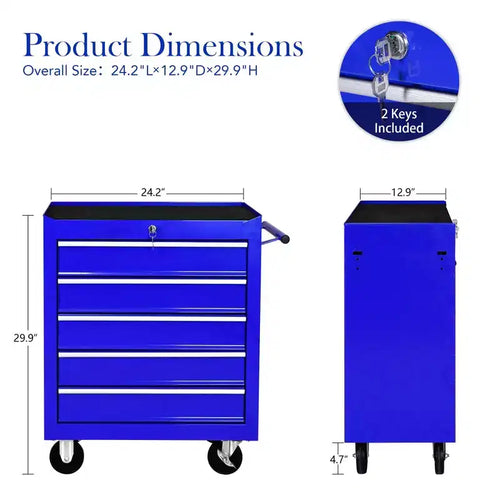 Servante d'atelier à 5 tiroirs avec roues, armoire de rangement à outils robuste et verrouillable pour garage, atelier et entrepôt