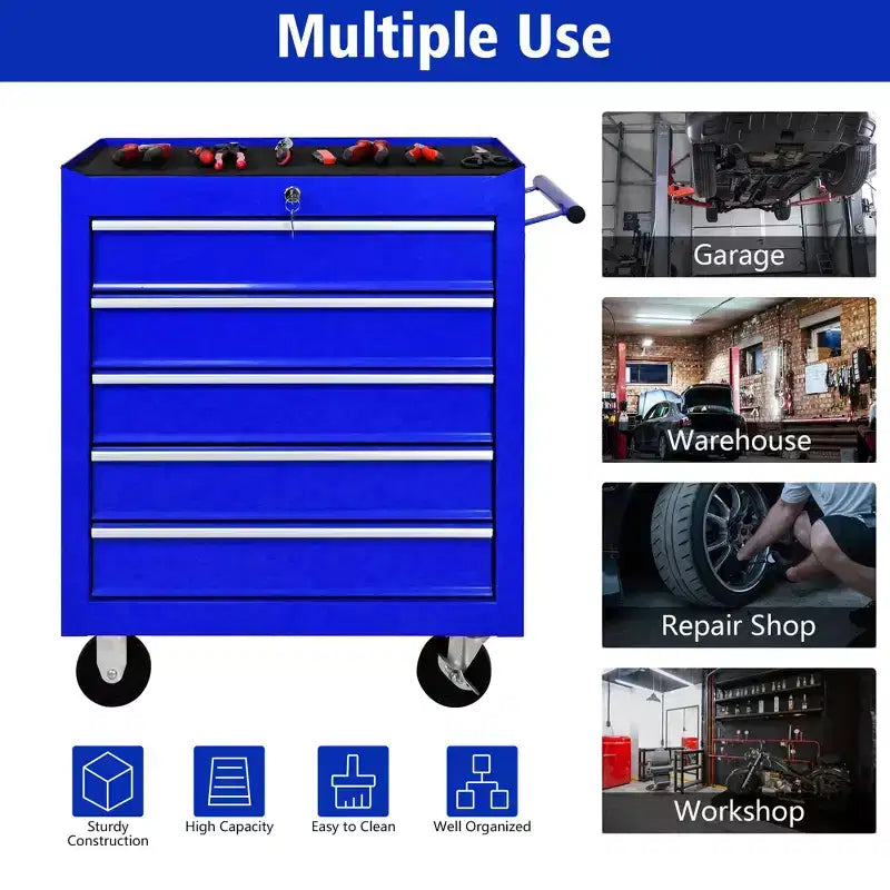 Servante d'atelier à 5 tiroirs avec roues, armoire de rangement à outils robuste et verrouillable pour garage, atelier et entrepôt